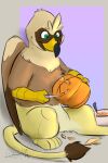  2:3 avian beak bird_feet brown_body countershading feathered_crest feathered_wings feathers female feral food fruit green_eyes gryphon head_crest hi_res jack-o&#039;-lantern mythological_avian mythology paws plant pumpkin pumpkin_carving quadruped scruffasus serilde smile solo tail_tuft tuft wings yellow_body 