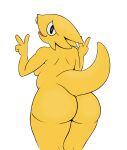  alpha_channel alphys anthro back_boob big_butt breasts butt double_v_sign female gesture lewdcrow looking_back non-mammal_breasts nude open_mouth rear_view reptile scalie simple_background solo thick_tail thick_thighs undertale_(series) v_sign yellow_body yellow_skin 
