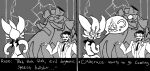  ambiguous_gender anthro chairman_rose cinderace copperajah group hi_res human male mammal monochrome nintendo pok&eacute;mon pok&eacute;mon_(species) profanity stu_(artist) text video_games 