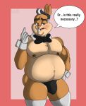  anthro belly big_belly blush bow_tie buckteeth bulge clothed clothing collar dialogue digital_media_(artwork) english_text gloves hair hand_on_hip handwear hi_res klr-rio lagomorph legwear leporid looking_away looney_tunes male mammal nipples open_mouth overweight overweight_anthro overweight_male rabbit simple_background skimpy solo speech_bubble stockings teeth text thong underwear walter_bunny warner_brothers 