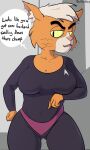  anthro bodysuit caitian clothing davidsanchan domestic_cat dr._t&#039;ana english_text felid feline felis female gesture hand_on_hip hi_res looking_at_viewer mammal mature_female pointing pointing_at_self skinsuit solo star_trek star_trek_lower_decks text tight_clothing 