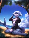  2020 absurd_res anthro beach blue_eyes bottomless breasts clothed clothing cloud cyana_(code-blocker) female fish grass grey_body grey_hair grey_scales hair hi_res hoodie kneeling marine net nipples non-mammal_breasts open_mouth outside pink_nipples plant red3engine sand scales sea seaside shark sky solo topwear tree water wet 