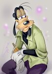  anthro black_nose bottomwear canid canine canis cigarette cigarette_box clothed clothing disney domestic_dog freckles gloves goofy_(disney) half-closed_eyes handwear hi_res holding_object looking_aside male mammal narrowed_eyes open_clothing open_shirt open_topwear pants shirt signature simple_background sitting smile solo topwear unknown_artist 
