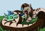  4_ears anthro apode avali avali_(original) blue_body blue_feathers clenched_teeth coiling countershading draconcopode duo equid equine eyes_closed feathered_crest feathered_wings feathers female feral feral_pred feral_prey green_body green_eyes gyrotech hasbro head_crest hi_res imminent_vore lamia larger_pred legless luvashi mammal multi_ear my_little_pony open_mouth reptile scalie serpentine snake split_form swiftsketchpone teeth vore winged_arms wings xolani_(lupine) zebra 