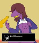  anthro balls breasts clothed clothing deltarune disembodied_penis duo english_text erection exposed_breasts female female_focus freckles genitals hair_over_eyes hi_res humanoid_genitalia humanoid_penis humiliation lewdcrow looking_at_genitalia looking_at_penis male male/female nipples penis penis_humiliation purple_body purple_skin raised_clothing raised_shirt raised_topwear scalie sharp_teeth shirt simple_background solo_focus susie_(deltarune) teeth text topwear touching_penis undertale_(series) video_games yellow_teeth 