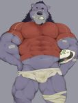  2017 anthro athlete bandage barazoku beard big_muscles black_hair black_nose bottomwear bulge clothing facial_hair fur grey_body grey_fur hair hi_res male mammal muscular muscular_anthro muscular_male rugby shorts solo thedragonred12 tight_clothing ursid 