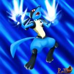  1:1 anthro black_body blue_background blue_body final_smash fur hi_res jumping lucario male nintendo open_mouth pok&eacute;mon pok&eacute;mon_(species) raised_head ratteu red_eyes sharp_teeth simple_background solo spikes spread_arms spread_legs spreading super_smash_bros. teeth video_games yellow_body yellow_fur 