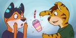  2018 2:1 anthro blush canid canine clothing duo felid fox gabe_(mytigertail) hi_res male mammal mytigertail open_mouth pantherine signature tiger 