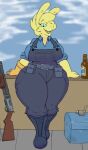  alcohol anthro beer beverage big_breasts blue_eyes boots breasts camelid clothing delfucko ear_piercing ear_ring engineer_(team_fortress_2) female footwear fur gloves goatonomous handwear hi_res huge_thighs leaning_on_wall llama looking_at_viewer mammal overalls piercing shoes smile smiling_at_viewer solo team_fortress_2 thick_thighs valve video_games weapon yellow_body yellow_fur 