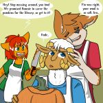  1:1 angry anthro apron black_nose blue_eyes blush bovid breasts canid canine canis caprine clothed clothing dialogue domestic_cat english_text eyes_closed felid feline felis female fiona_(artist) fiona_flash food fruit fur green_eyes group hair horn knife male male/male mammal open_mouth orange_hair pink_nose plant pumpkin pumpkin_carving red_hair text white_body white_fur wolf 