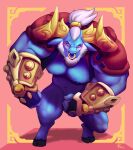  2021 alistar_(lol) anthro armor barazoku beard big_muscles black_hooves blue_body blue_fur blue_nose blush bottomless bovid bovine cattle clothed clothing facial_hair facial_piercing fur gauntlets gloves hair handwear hi_res hooves horn huge_pecs humanoid_hands league_of_legends long_hair looking_at_viewer male mammal muscular muscular_anthro muscular_male nose_piercing nose_ring pauldron piercing pink_eyes ponytail rheobear riot_games scar solo standing video_games white_hair 