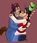  &lt;3 2019 anthro black_body black_eyes black_fur black_nose bottomwear canid canine canis clothed clothing disney domestic_dog duo embrace equid equine eye_contact freckles fur gloves goofy_(disney) grin half-closed_eyes handwear hat headgear headwear holding_person horace_horsecollar horse hug interspecies looking_at_another love male male/male mammal narrowed_eyes pants red_background rockabillybun shirt simple_background smile standing topwear vest white_body white_fur 