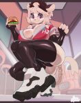  anthro big_breasts breasts burger butt cleavage clothed clothing crouching felid feline female food frankie_(extremedash) hi_res legwear mammal seyferwolf solo thigh_highs 