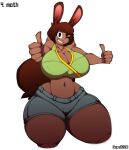  2018 absurd_res anthro artist_name big_breasts bottomwear breasts brown_body brown_fur brown_hair cleavage clothed clothing crop_top curvy_figure cutoffs denim denim_clothing digital_media_(artwork) eyelashes female fingers fur gesture hair hi_res hourglass_figure huge_breasts huge_thighs lagomorph leporid looking_at_viewer mammal midriff navel nipple_outline one_eye_closed rabbit shirt shorts simple_background smile solo standing superix teeth thick_thighs thumbs_up topwear voluptuous white_background wide_hips wink winking_at_viewer yellow_eyes 