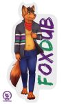  2018 anthro belt canid canine clothing english_text fox foxdub green_eyes male mammal mytigertail navel signature simple_background solo text white_background 
