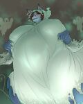  4:5 anthro belly big_belly big_breasts blush breasts canid canine clothed clothing female fox fur ghost_costume greedyorb hair halloween hee-na hi_res holidays huge_breasts looking_at_viewer mammal nipple_outline pregnant solo 