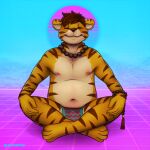  1:1 2017 chubby_male clothed clothing eyes_closed felid gabe_(mytigertail) male mammal mytigertail pantherine signature sitting smile solo tiger topless topless_male 