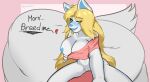  &lt;3 anthro areola bedroom_eyes big_breasts big_tail blonde_hair blue_eyes blush bottomless breasts canid canine canis clothed clothing clothing_pull domestic_dog female first_person_view fur hair half-closed_eyes hi_res husky looking_at_viewer mammal narrowed_eyes nordic_sled_dog one_breast_out pazek presenting presenting_breasts seductive shirt shirt_pull simple_background solo spitz text topwear topwear_pull white_body white_fur 