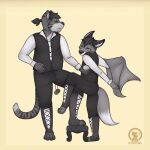  1:1 2018 album_art album_cover album_redraw anthro canid canine clothing cover duo english_text felid fleetwood_mac fox furniture gabe_(mytigertail) lan_(zeta-haru) male mammal mytigertail pantherine rumours signature standing stool text tiger 