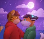  2016 anthro canid canine clothing cloud duo felid fox gabe_(mytigertail) hoodie lan_(zeta-haru) male mammal moon mytigertail pantherine signature sky star tiger topwear 