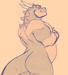  2021 anthro belly big_belly big_butt butt chiderg chisuun dragon from_behind_(disambiguation) hi_res male nude pecs profile_view rear_view scalie side_view simple_background solo western_dragon 