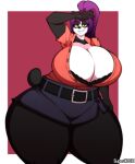  2018 absurd_res anthro artist_name bedroom_eyes big_breasts black_body black_fur bottomwear bra breasts cleavage clothed clothing curvy_figure digital_media_(artwork) dress_shirt eyelashes female fingers fur giant_panda hair hi_res hourglass_figure huge_breasts looking_at_viewer mammal multicolored_body multicolored_fur narrowed_eyes ponytail purple_hair seductive shirt simple_background skirt smile solo standing superix teeth thick_thighs topwear two_tone_body two_tone_fur underwear ursid voluptuous white_body white_fur wide_hips yellow_eyes 