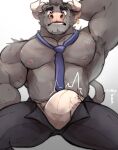  2021 abs anthro big_bulge big_muscles bottomwear bovid bovine bulge cattle clothed clothing ear_piercing erection erection_under_clothing eyebrows front_view fur hand_behind_head hi_res horn makowolf1 male mammal muscular muscular_anthro muscular_male necktie nipples obliques pants pecs piercing simple_background sitting solo topless topless_male tuft underwear unzipped white_background 