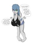  anthro big_breasts blue_hair bottomwear breasts clothing english_text female fur green_eyes hair heterochromia hi_res hotpants huge_breasts hyper hyper_breasts lagomorph mammal pink_eyes plantigrade shorts solo solo_focus text white_body white_fur xvii_(artist) 