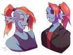  animal_humanoid blue_body blue_skin clothing eye_patch eyewear female fin fish fish_humanoid gills ground-lion hair humanoid jacket marine marine_humanoid red_clothing red_hair red_shirt red_topwear shirt simple_background solo tank_top topwear undertale_(series) undyne yellow_sclera 