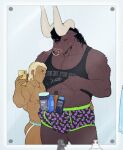  anthro asterius_(hades) black_hair blonde_hair bovid bovine brown_body brown_fur bulge clothed clothing digit_ring duo erection erection_under_clothing european_mythology facial_piercing fur greek_mythology hades_(game) hair hi_res human jewelry jockstrap male male/male mammal meme minotaur mirror_selfie mythology nose_piercing piercing ring selfie shampoo_challenge tan_body theseus_(hades) theslowesthnery underwear wedding_ring 