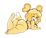  animal_crossing anthro big_butt blonde_hair butt canid canine canis clothing domestic_dog female fur hair isabelle_(animal_crossing) lying mammal nintendo on_front shih_tzu solo thong toy_dog twindrills underwear video_games yellow_body yellow_fur 