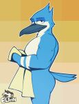  anthro avian beak bird blue_body blue_feathers blue_jay cartoon_network corvid elfein feathers humanoid jay_(bird) looking_at_viewer male mordecai_(regular_show) new_world_jay nude oscine passerine regular_show solo tail_feathers towel towel_only 