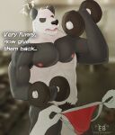  2021 abs absurd_res ambiguous_species annoyed anthro armpit_hair balls beastars biceps big_muscles black_sclera blurred_background body_hair clothing dialogue dumbbell duo english_text exercise first_person_view flaccid genitals giant_panda gouhin gym hi_res holding_clothing holding_object holding_underwear humanoid_genitalia humanoid_penis inside jayjay_(artist) jockstrap looking_at_viewer male mammal muscular muscular_anthro muscular_male narowed_eyes nipples nude open_mouth pecs penis pubes solo_focus standing talking_to_viewer text underwear ursid watermark weightlifting weights workout 