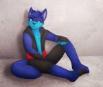  2015 anthro blue_body blue_fur canid canine clothing fox fur male mammal multicolored_body multicolored_fur mytigertail singature sitting solo two_tone_body two_tone_fur 