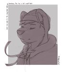  2016 anthro clothing ear_piercing ear_ring english_text eyes_closed felid gabe_(mytigertail) hi_res hoodie jewelry male mammal monochrome mytigertail necklace pantherine piercing signature simple_background sketch solo text tiger topwear white_background 