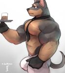  2021 abs anthro beverage biceps big_bulge big_muscles bottomwear bulge canid canine canis clothed clothing container cup dobermann domestic_dog gloves handwear hi_res holding_object holding_plate makowolf1 male mammal muscular muscular_anthro muscular_male necktie nipples pants pecs pinscher side_view simple_background solo standing topless topless_male white_background 