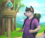  2015 anthro backpack blue_eyes canid canine canis cloud domestic_dog english_text grass male mammal mytigertail outside plant signature signpost solo text tree 