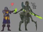  &lt;3 absurd_res armor arthropod arthropod_taur claws crystal duo elemental_creature english_text female glowing hi_res humanoid male medicinal_succ mineral_fauna multi_eye rock rock_creature scale_knight_(medicinalsucc) staff taur text wide_hips xiomorn 