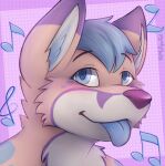  2016 ambiguous_gender anthro blue_tongue blush canid canine fox mammal musical_note mytigertail pattern_background signature simple_background solo tongue 