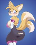  anthro big_breasts big_butt blush breasts butt canid canine clothing cooliehigh crossgender embarrassed female fox looking_back mammal miles_prower mtf_crossgender sega sonic_the_hedgehog_(series) tight_clothing torn_clothing 