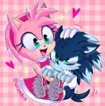  2021 absurd_res accessory amy_rose angry anthro black_nose blush bracelet chibi claws clothing dress duo eulipotyphlan eyelashes fangs female finger_claws footwear gloves green_eyes hair hair_accessory hairband handwear hedgehog hi_res jewelry male mammal open_mouth open_smile pattern_background pink_hair sega signature simple_background smile sonic_the_hedgehog_(series) sonic_the_werehog sonic_unleashed were wereeulipotyphlan werehog wizaria 