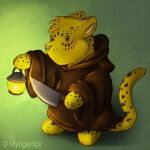  1:1 2014 anthro cheetag clothing green_background knife lamp lantern male mytigertail simple_background solo 