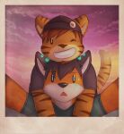 2015 anthro canid canine clothing duo felid fox gabe_(mytigertail) looking_at_viewer male mammal mytigertail pantherine selfie smile tiger 