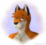  2014 anthro blue_eyes canid canine fox jewelry male mammal mytigertail necklace signature simple_background solo white_background 
