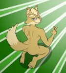  abstract_background anthro barefoot bedroom_eyes brown_body brown_fur butt canid canine darkajugin feet fox fox_mccloud fur gesture green_eyes hi_res kneeling looking_at_viewer looking_back male mammal multicolored_body multicolored_fur narrowed_eyes nintendo nude seductive soles solo star_fox toes two_tone_body two_tone_fur v_sign video_games 