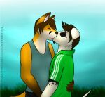  2014 canid canine canis clothing domestic_dog duo eyes_closed fox green_clothing green_shirt green_topwear kissing male male/male mammal mytigertail shirt text topwear url 