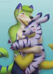  2015 anthro bandai_namco blush clothed clothing digimon digimon_(species) duo eyes_closed gabumon hi_res male mytigertail signature smile species_request topless 
