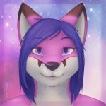  2015 ambiguous_gender blue_hair canid canine cute_fangs fox fur hair looking_at_viewer mammal mytigertail pink_body pink_fur purple_eyes signature solo 