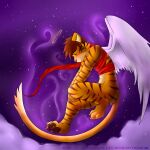  1:1 2013 anthro blush bottomless brown_eyes butt clothed clothing cloud feathered_wings feathers felid gabe_(mytigertail) halo hi_res male mammal mytigertail pantherine signature sky solo text tiger url wings 