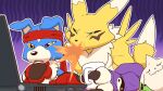  16:9 accessory anthro bandai_namco beverage blue_body blue_fur computer dahecksajerry digimon digimon_(species) female fur gaomon group headband humor laptop male mug reaction_contrast renamon spitting_drink terriermon trio widescreen yellow_body yellow_fur 